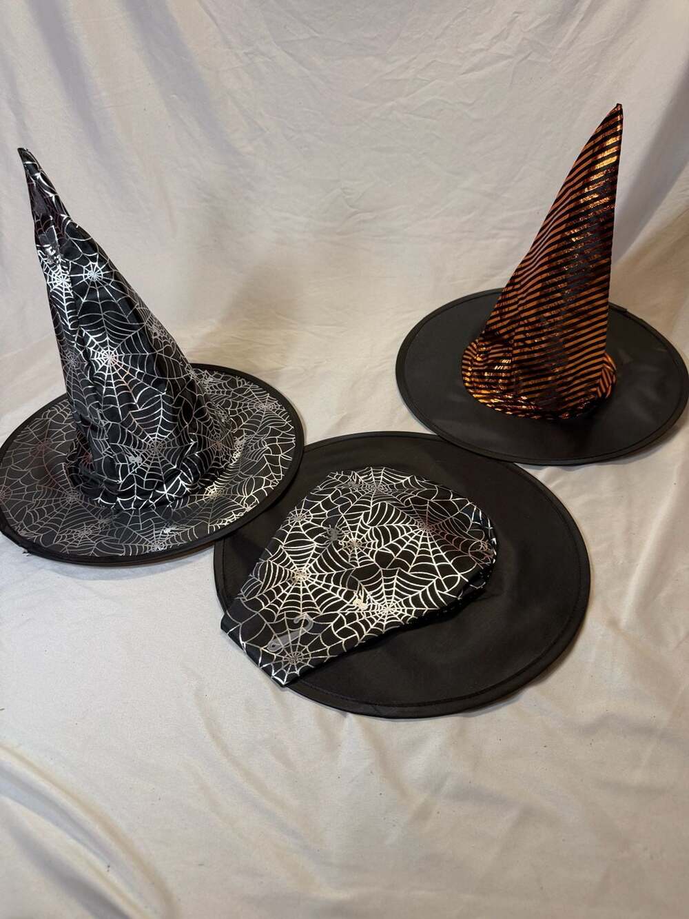 Lot of 3 Halloween Witch Hats Spiderweb and Orange Striped Costumes